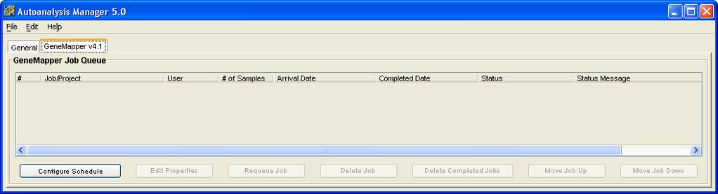 Autoanalysis Manager Functions GeneMapper v4.1 Tab Use the GeneMapper v4.1 tab to view jobs, project, and status information. Commands The following commands are available in the GeneMapper v4.
