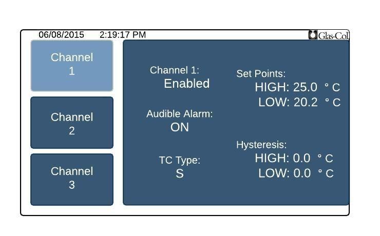 Global Settings (Continued) Alarm Setpoints: Temp Scale and TC Type: Alarm Set Points for all channels can be set here. This is composed of a chosen low and high value, that will trigger the alarm.