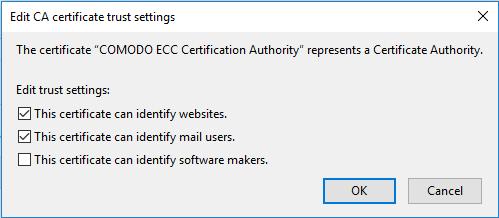 Select the certificate and click 'Edit Trust' in the 'Authorities' tab The 'Edit CA certificate settings' dialog configures Trust Settings on the CA that has issued this certificate.