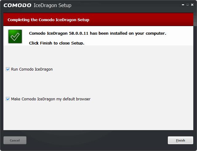 Leave 'Run Comodo IceDragon' enabled to start browsing with IceDragon immediately.
