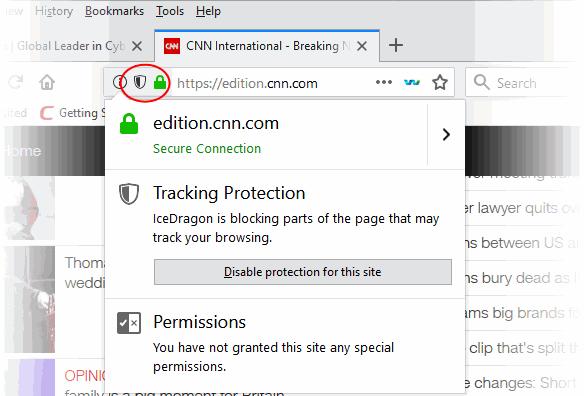 Click on the icon at the left of the URL in the address bar to view the identity information from the dropdown The 'Control Central' pane displays the current connection to the site.