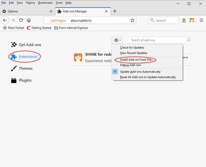 Once you have chosen your add-on, click 'Add to Firefox' then click 'Add' at the prompt. All Firefox extensions can be installed to IceDragon.