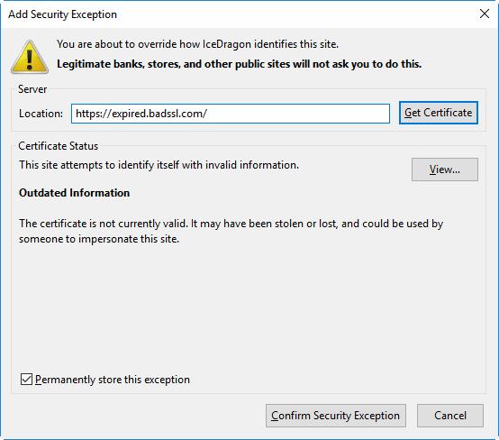 The 'Get Certificate' button allows you to inspect the certificate in detail Check the 'Permanently store this exception' box to trust the certificate on all future visits Click 'View' to open the