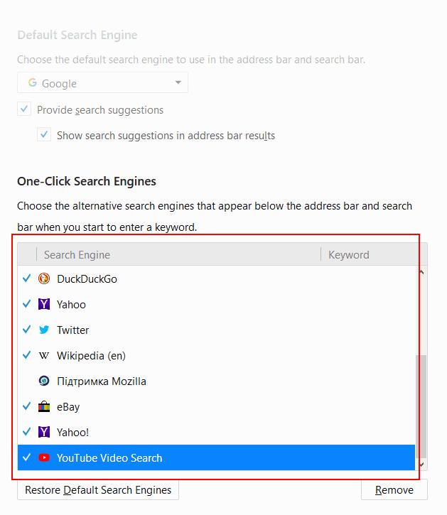 To remove search engine Click the hamburger/ 'Open Menu' button at the top-right corner then 'Options' > 'Search' tab OR Click on the magnifying glass in the