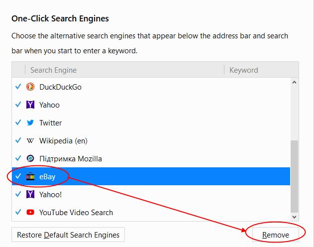 Click 'Restore Default Search Engines' to add a default search engine back to the list. 4.6.