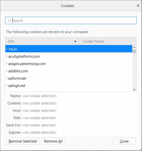 In the 'Cookies' screen, you can view the details of the cookies.