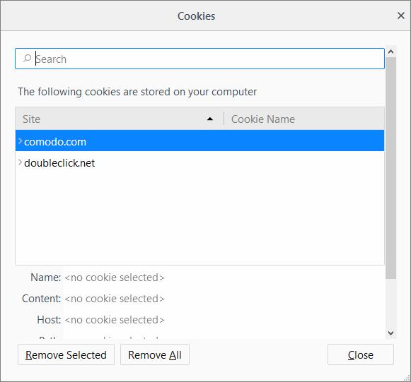 The dialog displays the list of stored cookies stored by different websites you have visited. Select a cookie to view details about it in the lower pane.