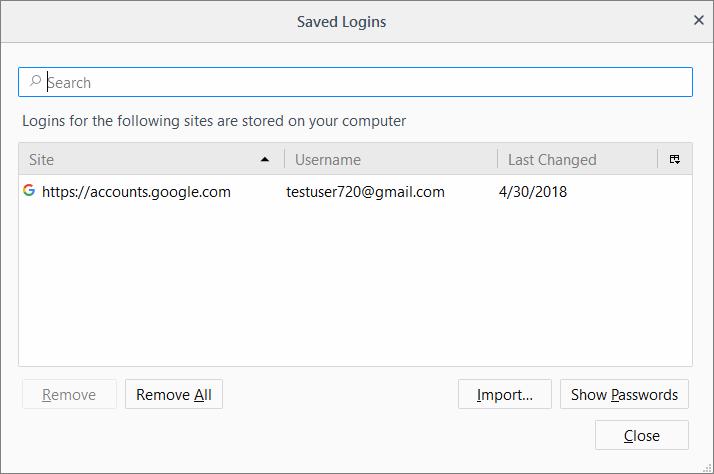 To delete a stored password, select the website and click 'Remove'. To delete all stored passwords, click 'Remove All'. To import your login from another browser, click 'Import'.
