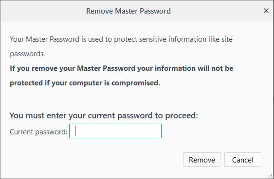 Type you current password in the The 'Remove Master Password' Click 'Remove' In the warm dialog, click 'OK' to confirm your removal. 7.11.