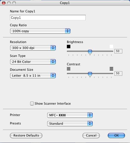 Choose the Resolution, Scan Type, Document Size, Show Scanner Interface, Brightness and Contrast settings to be used. Before finishing the Copy button configuration, set the Printer Name.