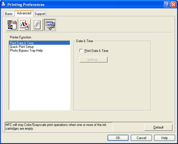 Printing Device Options 1 You can set the following Printer Functions: 1 Print Date & Time 1 When the Print Date & Time feature is enabled, the date and time