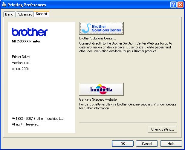 Printing Support tab 1 The Support tab shows the driver version and settings information. There are also links to the Brother Solutions Center and Genuine Supplies websites.