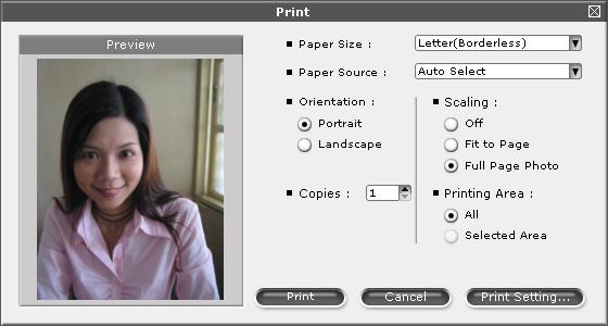 Choose Paper Size, Paper Source, Orientation, number of Copies, Scaling and Printing Area.