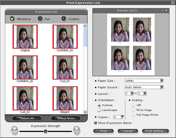 Printing Print Expression List 1 FaceFilter Studio lets you modify a facial expression by applying an expression templates or by manual adjustment.