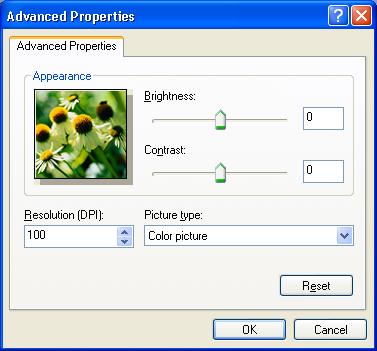Scanning f If you need to access advanced settings, click Adjust the quality of the scanned picture (3). You can choose Brightness, Contrast, Resolution and Picture Type from Advanced Properties.