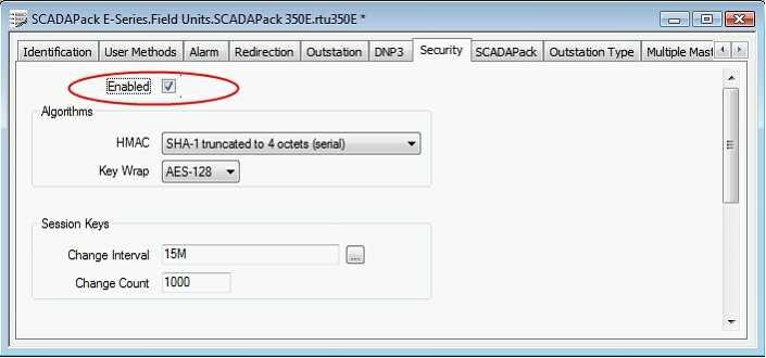 40 Check Enabled to select SA for this RTU. The DNP3 algorithm settings shown in this dialog match the default settings in the Security Administrator project.