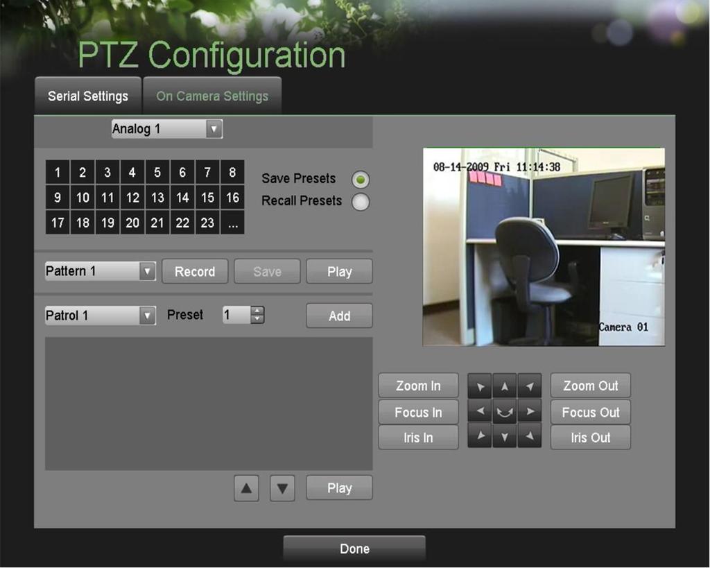 Figure 40. PTZ Configuration Menu > On Camera Settings Menu 3. Select the camera to test in the camera drop down menu. 4. Using the Directional buttons and other PTZ control buttons (Zoom In/Out, Focus In/Out, Iris In/Out), test the functionality of the PTZ camera.