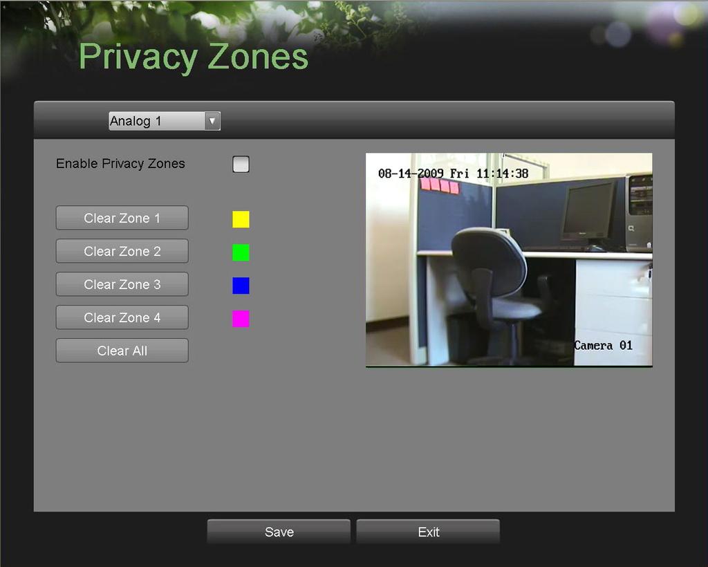 Configuring Cameras To setup privacy zones 1. Enter the Privacy Zones menu, shown in Figure 47 by going to Main Menu > Camera Setup > Privacy Zones. Figure 47. Privacy Zones Privacy Zones Menu 2.