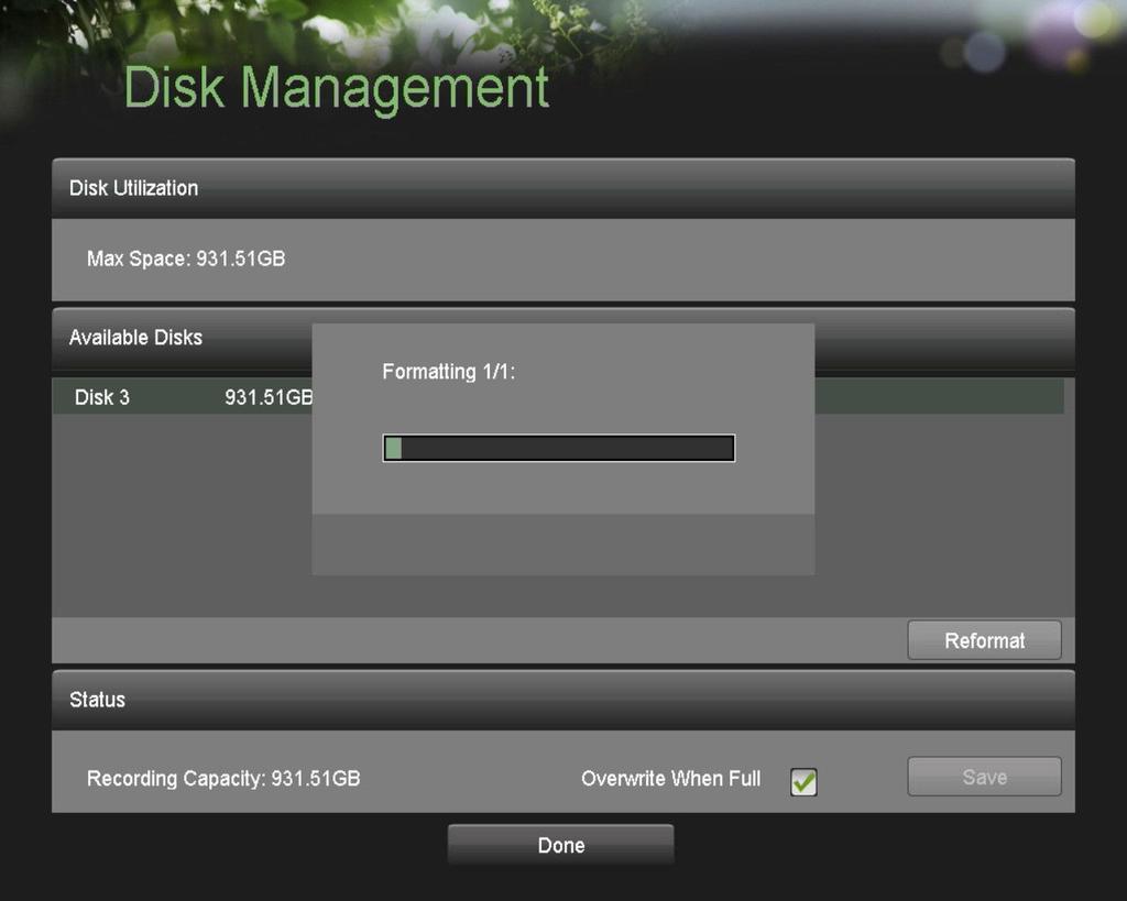 5. A format progress bar (Figure 53) will be shown on the menu. After the disk has been formatted, the status of the disk will change to Active. Figure 53. Disk Format Progress Bar 6.