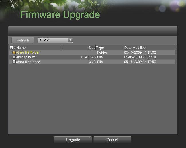 Managing System Upgrading the System Firmware The system firmware for your DVR can be updated from a USB storage device. To update the system firmware: 1.