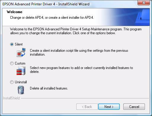 1 3 Select from [Start] - [All Programs] - [EPSON] - [EPSON Advanced Printer Driver 4] and open [Change or delete APD4, or create a silent installer for APD4.] The "Welcome" screen appears.