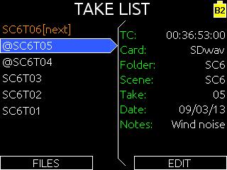 File Name Scene Take Length Generating Sound Reports Start TC Trk 1 to Trk 16 (16 fields) Notes A sound report can be generated for all the files in any folder on the 633.
