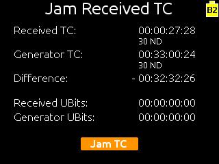 Jam Menu The Setup Menu option TIMECODE > Jam Menu displays the timecode Jam Menu.
