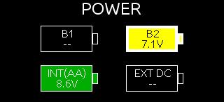 active power source (internal or external) is full. The background color will change from green, to yellow, to orange, and to red as voltage depletes. Good OK Warning Critical.