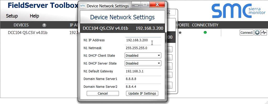 Click Update IP Settings, then click on Change and Restart to restart the FieldServer and activate the new network settings.