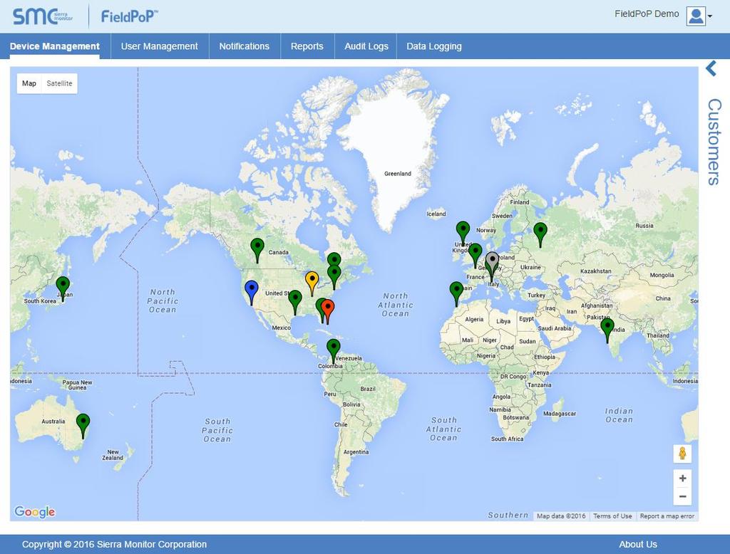 5.2 Device Management This page gives an overview of devices registered to SMC Cloud with a global map view. 5.2.1 Map Elements The map shows the location of all the devices registered on SMC Cloud using Google Maps pins.