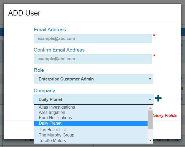 NOTE: If the Role field is set to Enterprise Customer Admin the Company field will appear.