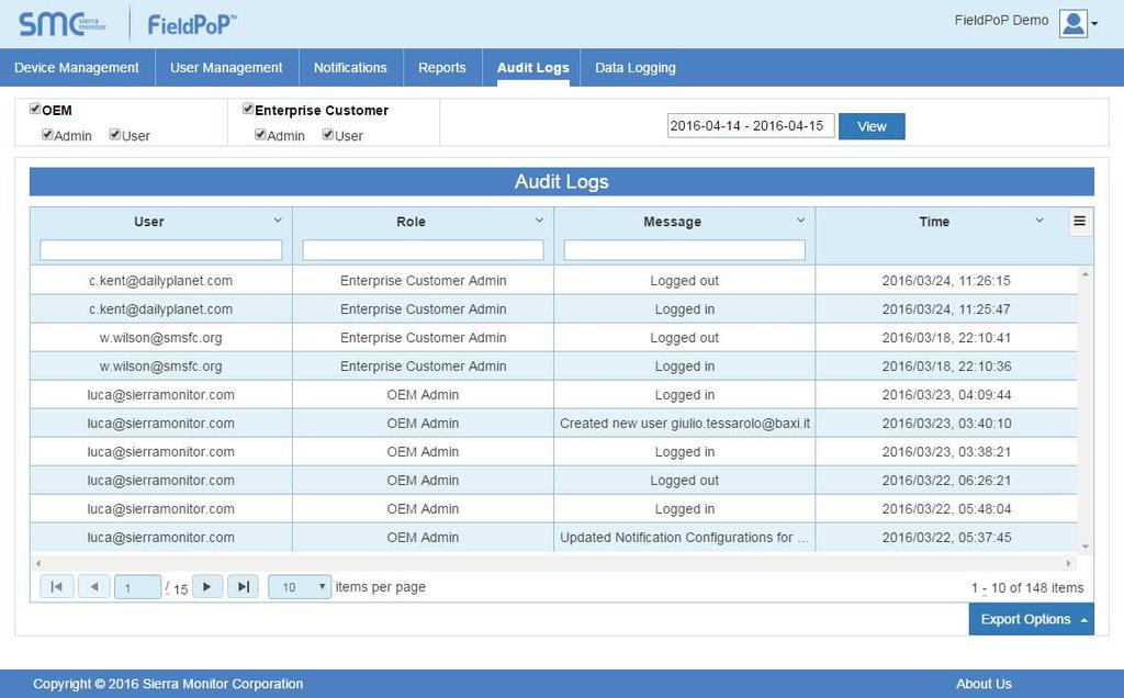 5.5 Audit Logs This page shows the events for each user on SMC Cloud and lists the relevant details.