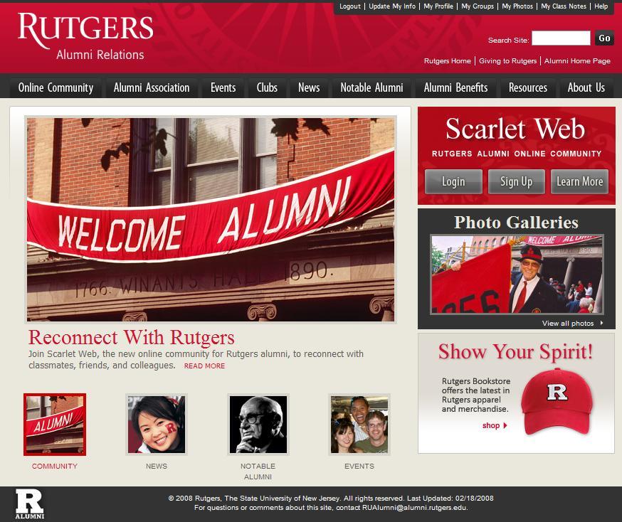 Contents OVERVIEW... 2 FIRST TIME LOGIN... 2 RETURN VISITS... 3 NAVIGATING THE ALUMNI HOME PAGE WHEN YOU ARE LOGGED IN... 5 OVERVIEW OF THE SCARLET WEB ONLINE COMMUNITY... 5 PROFILE.
