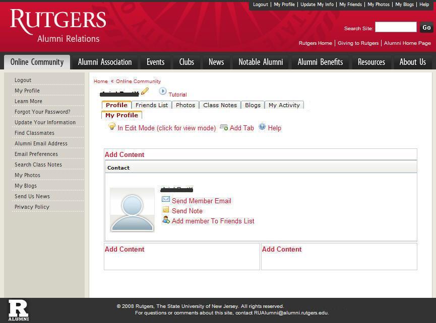 Alumni home page when you are logged in
