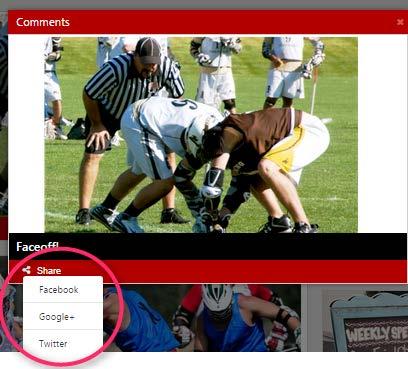 Players and parents can also share the gallery images to Facebook, Google+ and Twitter. Volunteers and admins can control how much social media is shown within the Gallery.