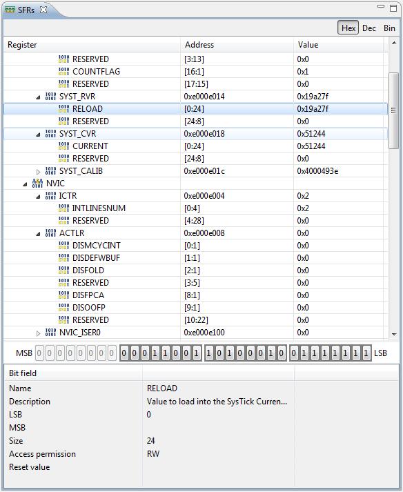 Figure 3 - The Peripheral register (SFR) viewer in Atollic TrueSTUDIO Another area that can cause problems is how to get gdb to be able to download and debug code in Flash or DRAM memory.