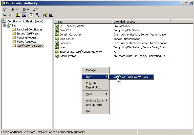 2. A window opens that displays details about the CA. In the left pane, select the CA server, and then select the Certificate Templates directory.