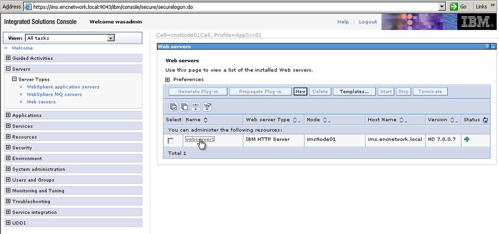 0 Profiles AppSrv01 Administrative Console. On the left pane, expand Servers and then expand Server Types.