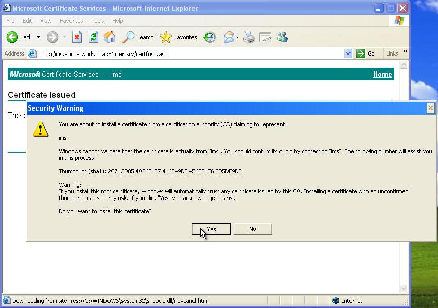 10.When the Certificate Issued page appears, click Install this certificate. When a warning message about a potential scripting violation appears, click Yes to continue.