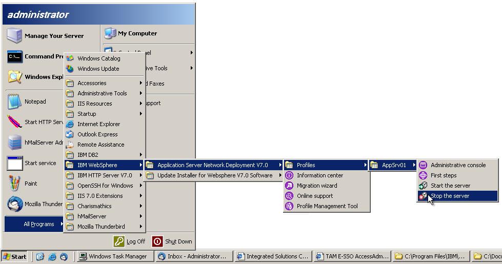 After the batch file executes successfully, restart WebSphere Application Server, as shown in Figure 3-2. Figure 3-2 Restarting WebSphere Application Server 3.