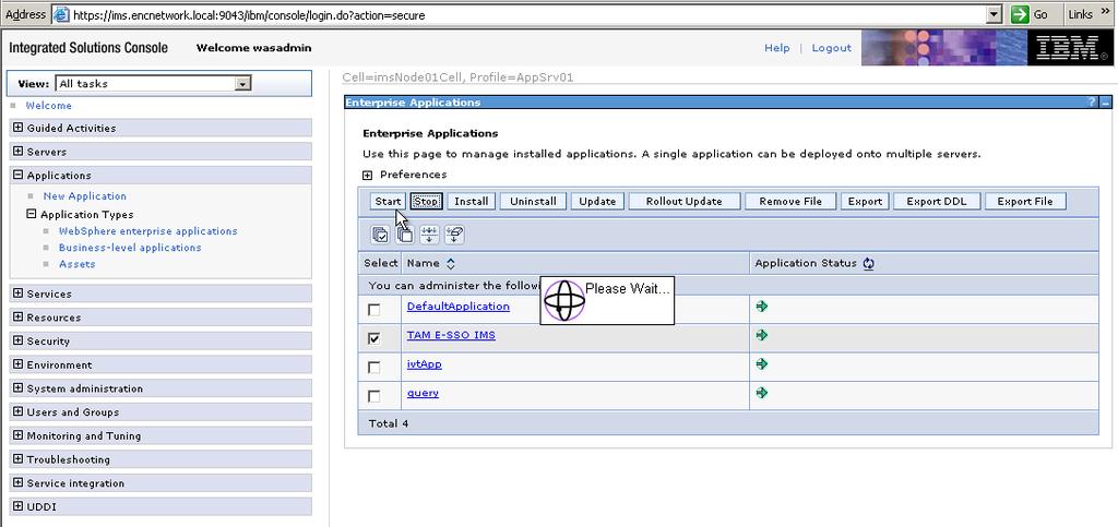 7. Restart the IMS Server from the WebSphere Application Server Administrative Console by clicking Stop and then Start, as shown in Figure