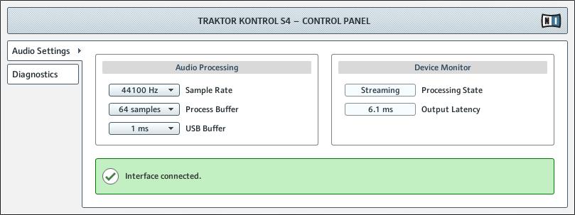 The S4 Audio Interface and Control Panel Settings on Windows: The Control Panel The Control Panel with Audio Settings page opened.