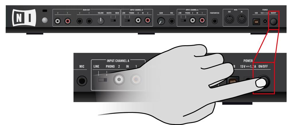 Appendix A Common Setups TRAKTOR KONTROL S4 Basic Setup Turn On Your S4 On the rear panel of your S4, engage the ON/OFF switch to turn on the device.