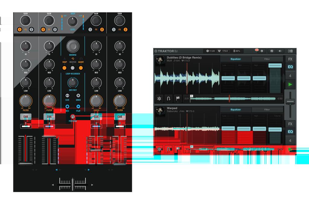 Using the S4 with TRAKTOR DJ Key S4 Functions Using TRAKTOR DJ The Mixer section of the S4, and the corresponding TRAKTOR DJ Equalizer section.