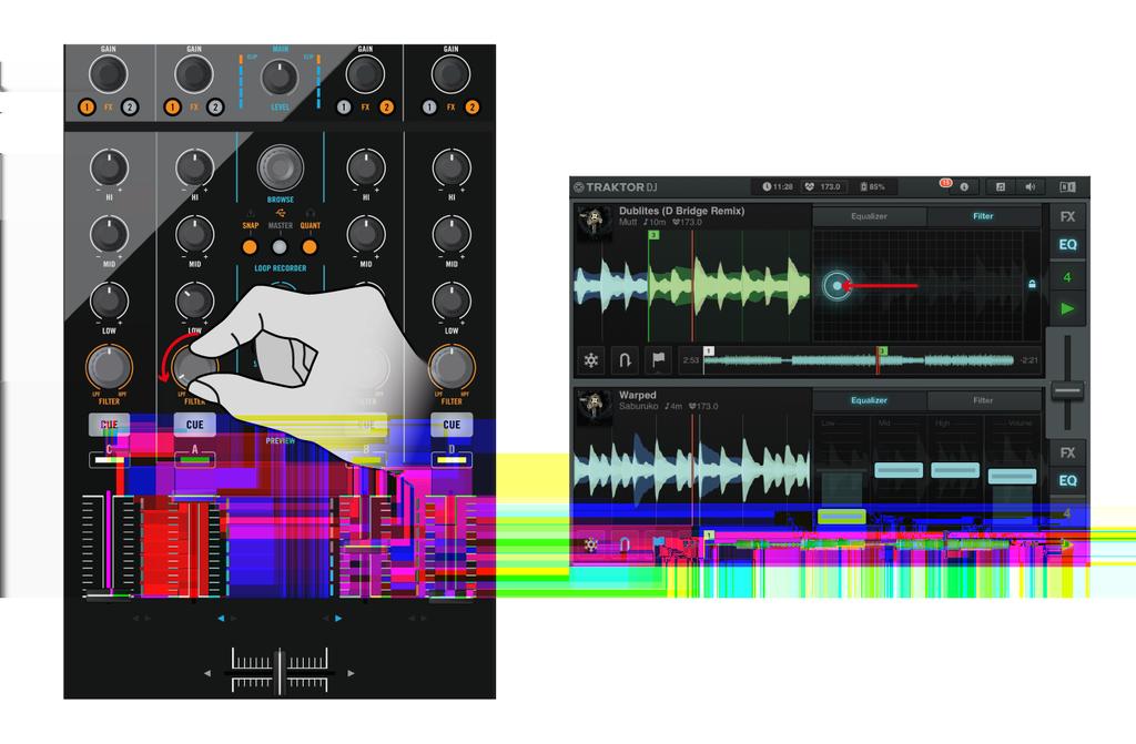Using the S4 with TRAKTOR DJ Key S4 Functions Using TRAKTOR DJ Turning Channel A's FILTER anti-clockwise to initiate a LPF Filter, and the corresponding Filter