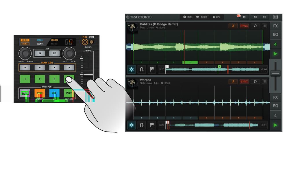 Using the S4 with TRAKTOR DJ Using the Transport Section 1. Trigger a loop on your chosen deck, using either the Loop encoder or manually via the LOOP IN/OUT buttons. 2.