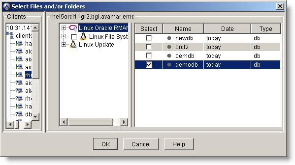 Backup c. Click the Oracle RMAN plug-in. A list of databases appear in the table to the right of the plug-ins. d. Select one or more databases to include in the dataset.