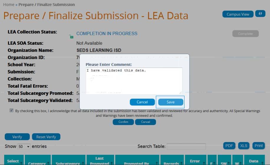 5. You will now see the LEA Collection Status changed to COMPLETION IN PROGRESS.