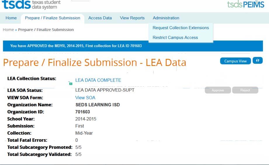 Now the Prepare/Finalize screen shows an LEA SOA status of LEA DATA APPROVED