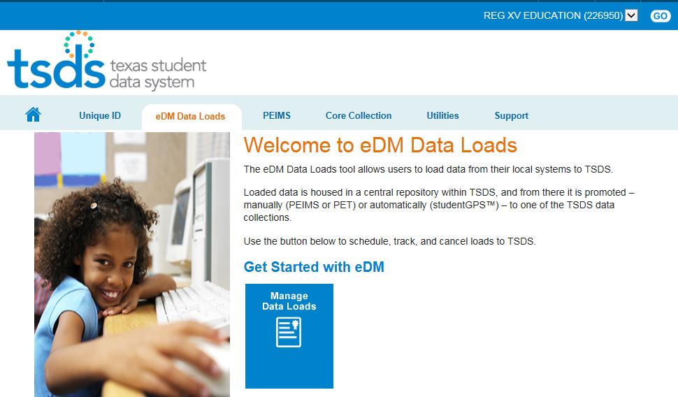 Loading Files to TSDS via the edm The edm (edata Manager) is the portal used to load XML files into the Texas Student Data System.